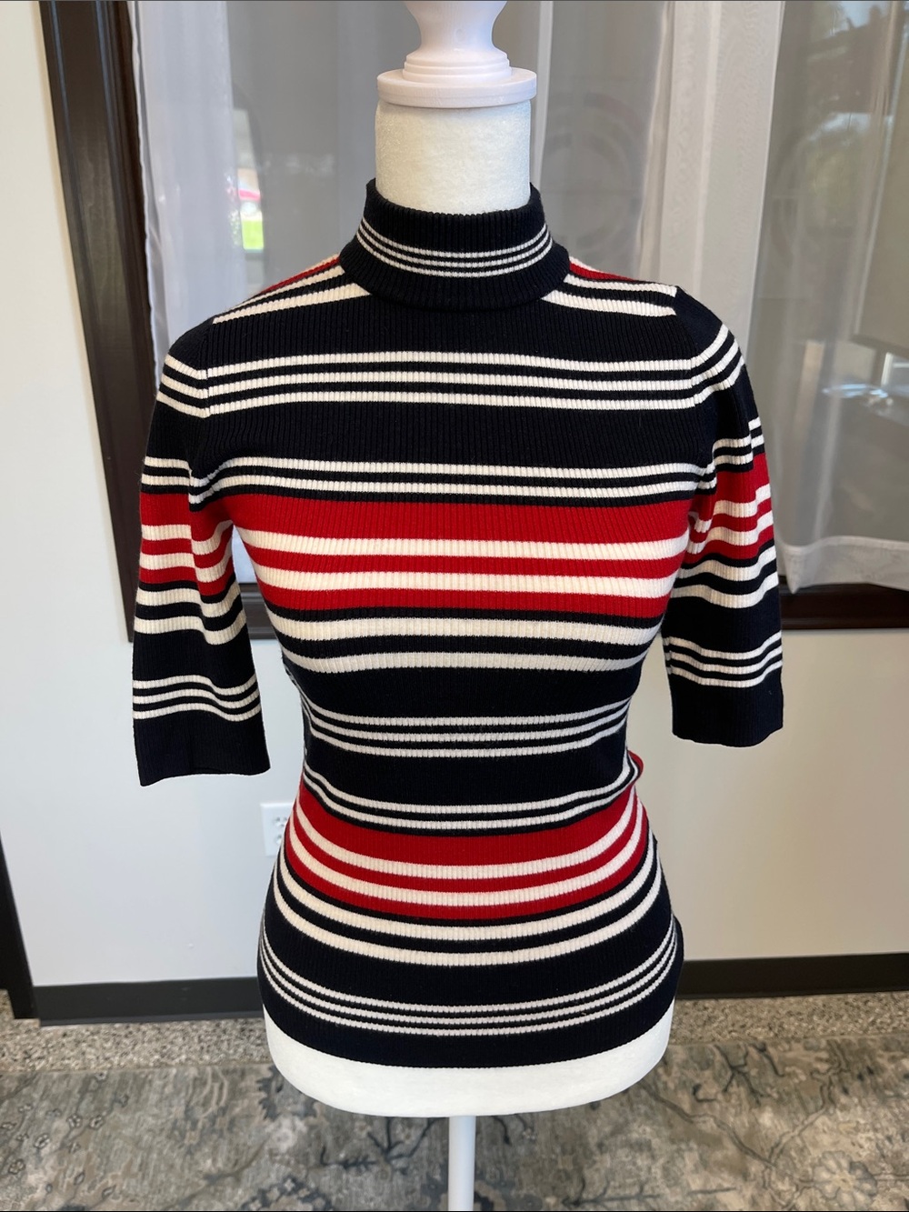 NICHOLAS Black, White & Red Striped Turtleneck Short-Sleeve Sweater